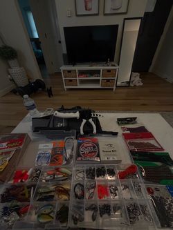 Fishing Gear Lot – 2 Rods/Reels, Tackle Box, Soft Plastics, Line, Tools & Bag