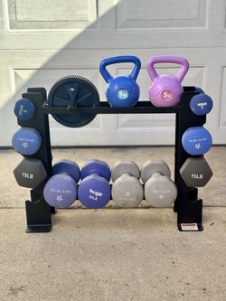 Hex Dumbbells, Dumbbell Rack, Kettlebells