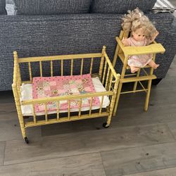 Antique Doll Crib And High Chair
