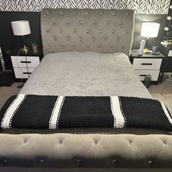 Grey Queen Studded Tufted Sleigh bed