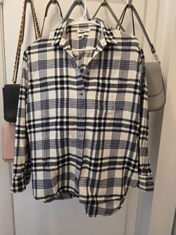 Madewell Oversized Plaid Flannel Shirt Small Black Cream Shacket Fall Cozy 100% Cotton