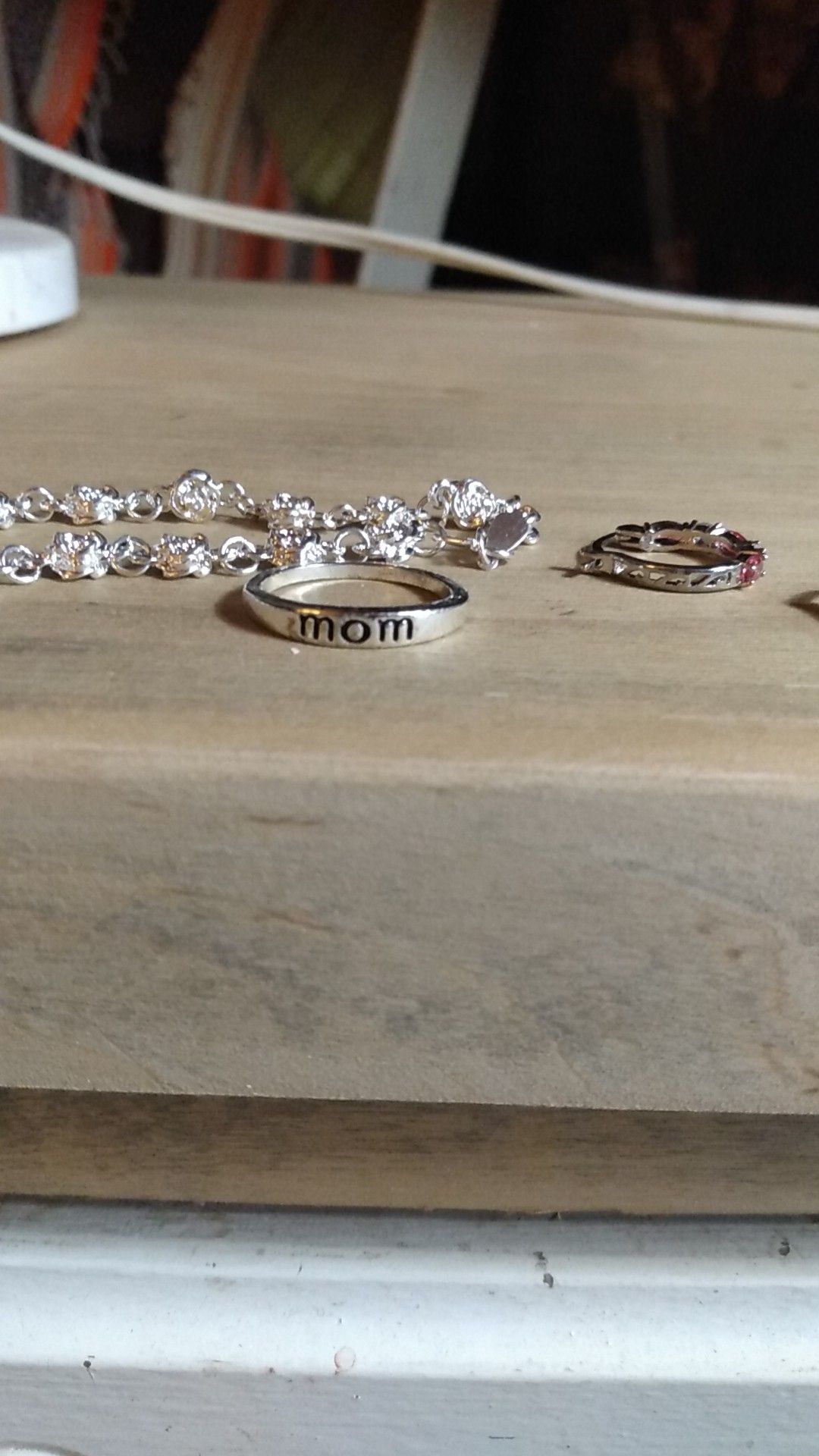 Silver "rose" bracelet and "mom" ring and pink and diamond hoop earrings