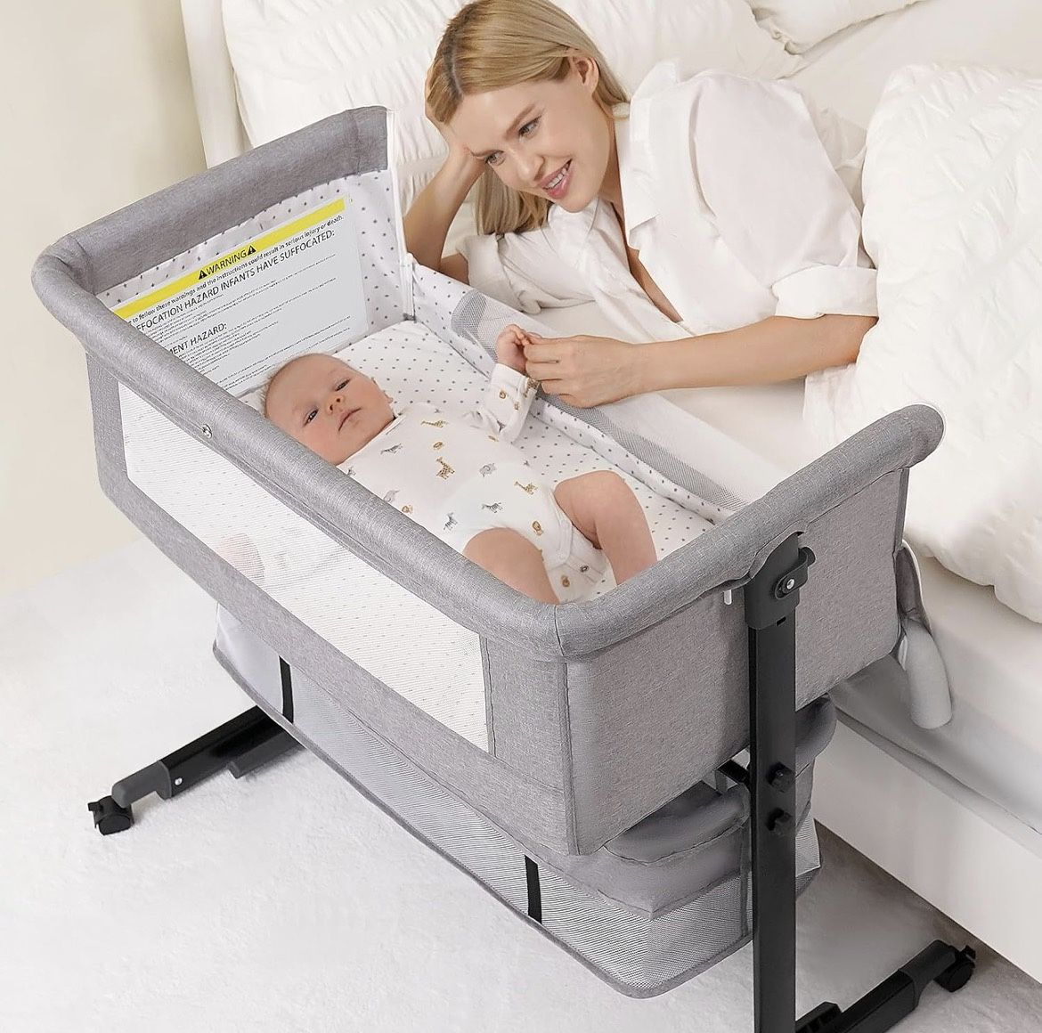 Baby Bassinet, 3 in 1 Bassinets Bedside Sleeper, Adjustable Height Bedside Sleeper with Rocking Mode, Breathable Mesh, Storage Basket, Wheels, Easy As