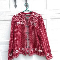 Vtg Croft & Barrow Red White Fair Isle Nordic Snowflake Sweater Christmas size：L