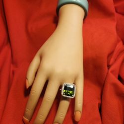 10x12mm Emerald Cut Peridot Pave Set .925 Sterling Silver Ring - Size 5.5