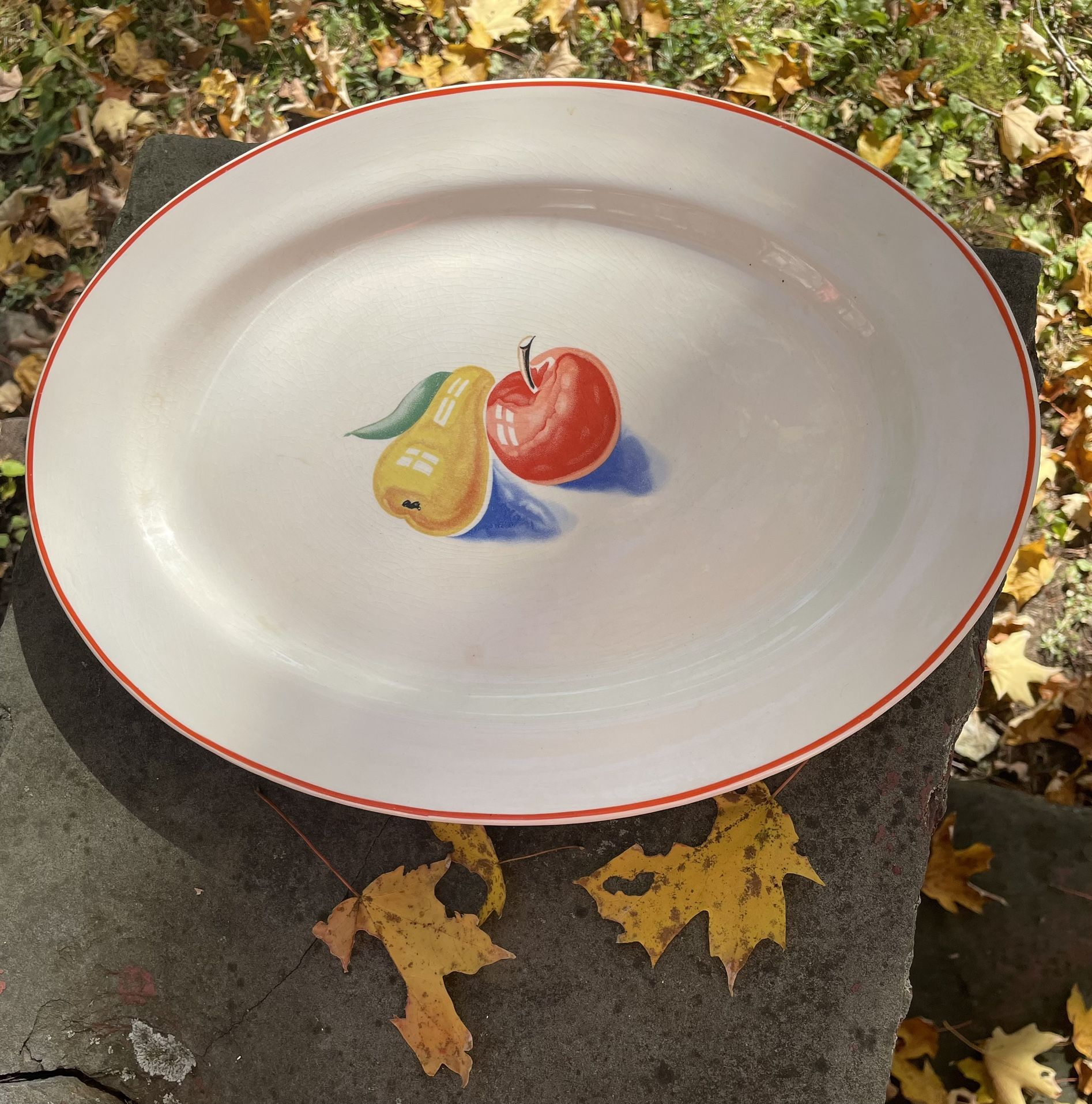 1939 Homer Laughlin Bakerite Oven Tested approx. 14” Oval Platter Fruit Pattern