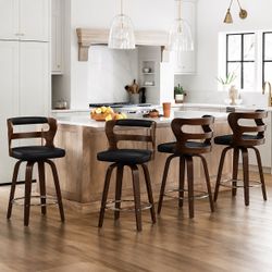 26 in. Black Faux Leather and Deep Walnut Wood Mid-Century Modern Swivel Counter Height Bar Stool (Set of 4)