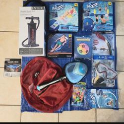 1 New Snorkel Gear Set: Aqua Lung Sport ProSeries Adult Sized for Women, 2 New Pool Loungers, 1 New Pool Volleyball Set, 1 New Pool Ring, Air Pump