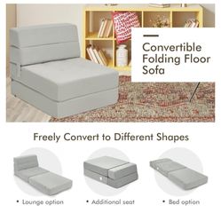 Triple Fold Down Sofa Bed, 3-in-1 Fold Floor Couch Lounge Sleeper with Thick Cushion, Flock Fabric, Convertible Design, Portable Single Guest Bed Matt