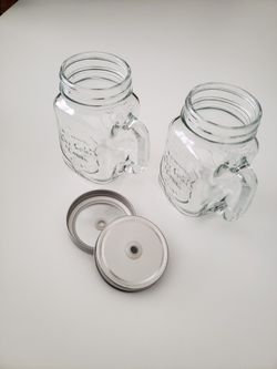 Pair of Small Glass Mason Jars with Handle and Metal Twist Top for use with Straw