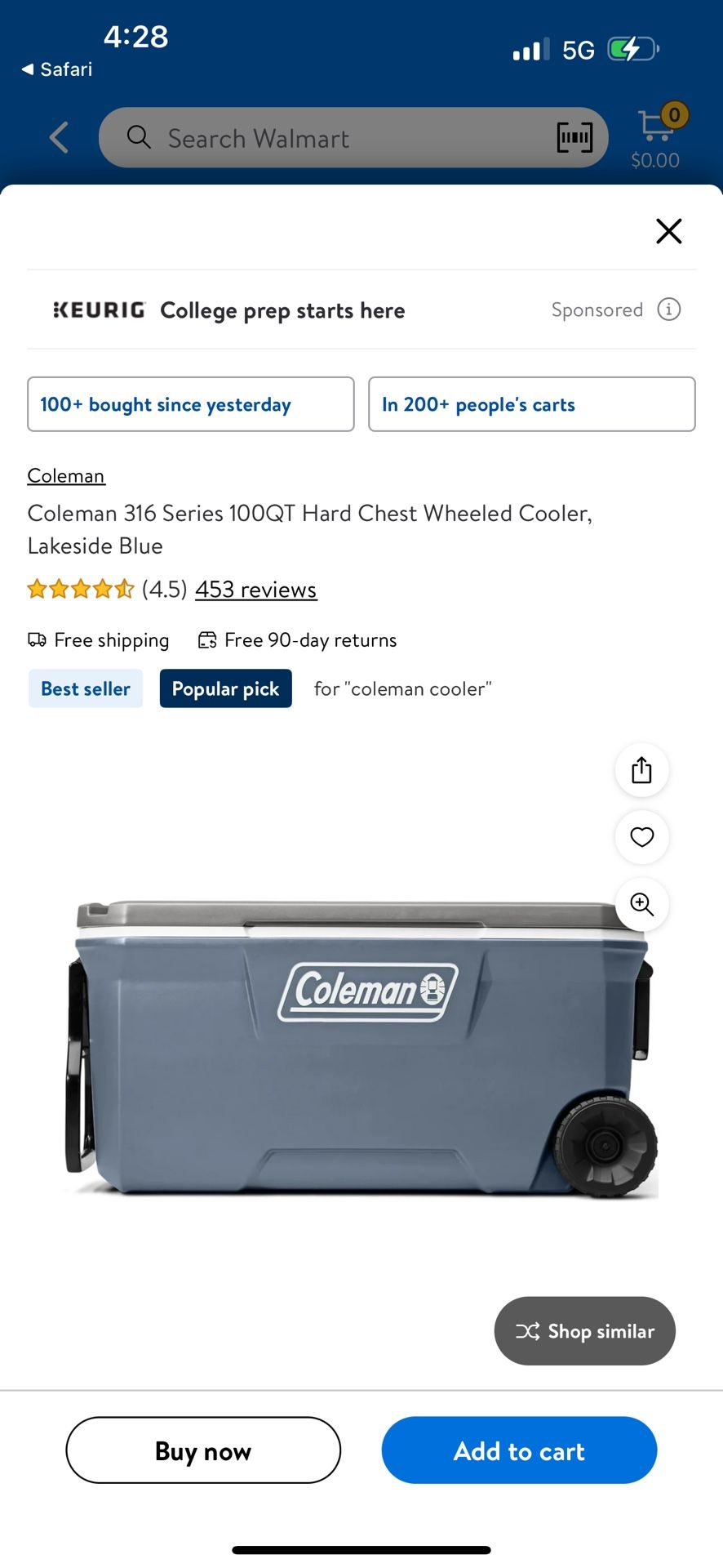 Coleman 316 Series 100QT Hard Chest Wheeled Cooler, Lakeside Blue