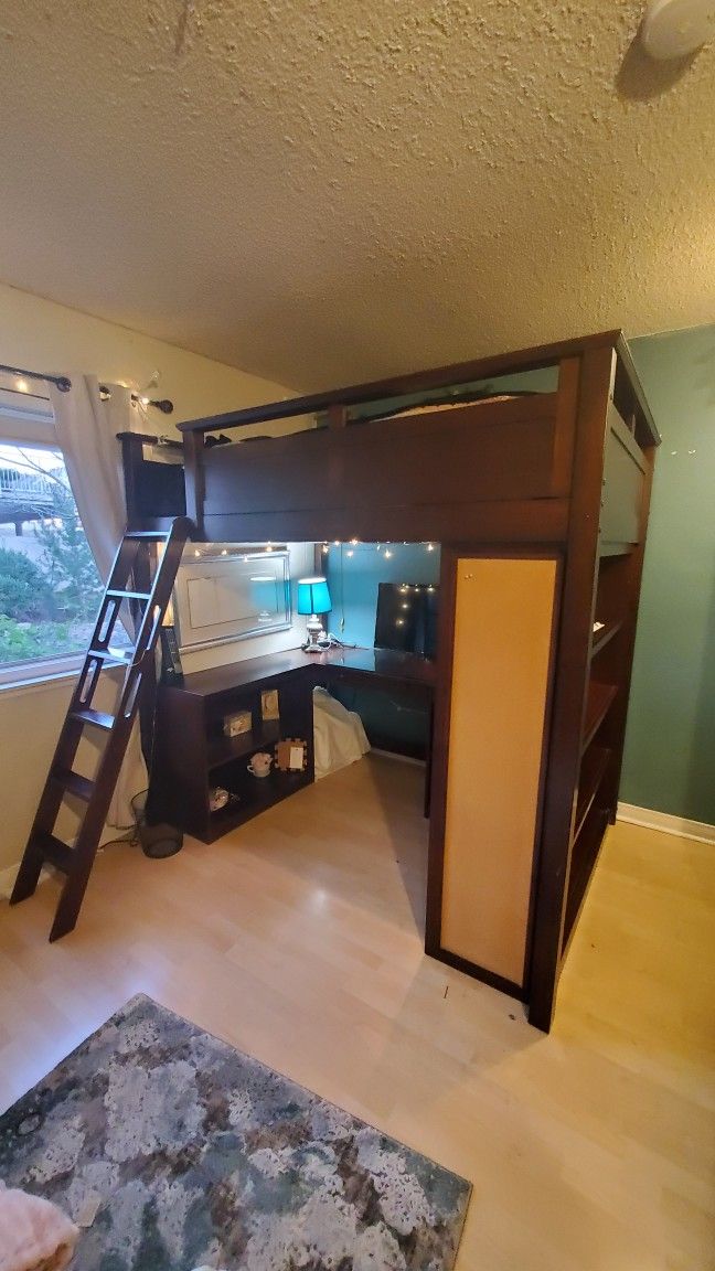 Teen/ College Student Wooden Loft Bed with Desk. Old