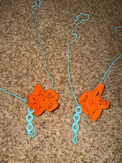 Handmade Crochet Flower barefoot sandals Pair in coral and Aqua