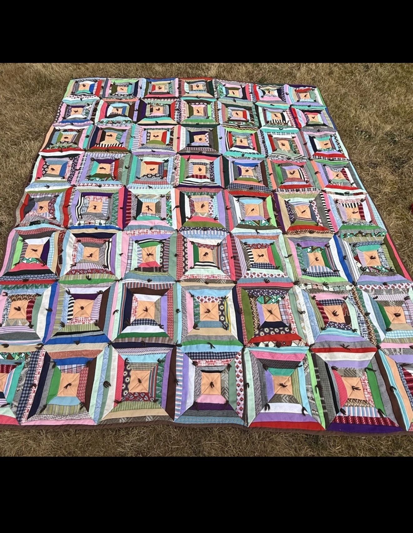 Vintage Patchwork Crazy Quilt Log Cabin Tied Scrap Quilt 73x85 Boho Multicolored