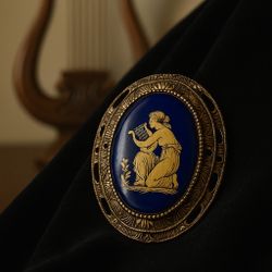 Vintage 1960s Greek Revival Brooch Gold Lyre Player Cobalt Enamel, 1.25x1.5”