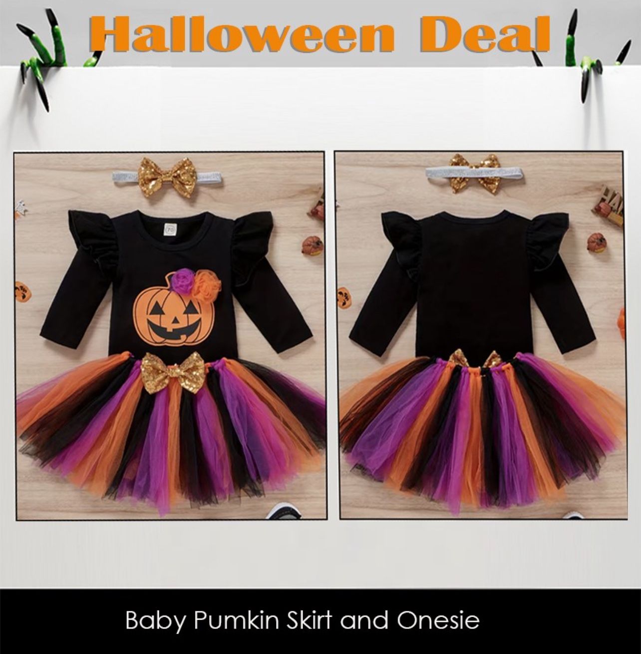 New Baby Girl Halloween Costume Pumpkin Onesie With Tulle Skirt