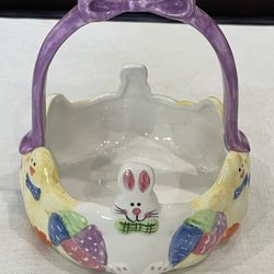 Decorative ceramic Easter basket by Palm Tree Co. with bunny and chick motifs. 6.26”x 7”