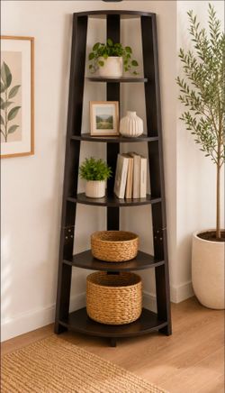 70" Tall 5-Tier Corner Bookshelf  Wood Wall Corner 5 Tiers Shelves Bookshelf Bookcase