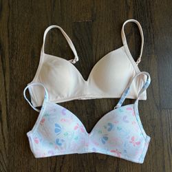 Hanes Girls 2-Pack Molded Wirefree T-Shirt Bras Beige & Butterfly Size 30A