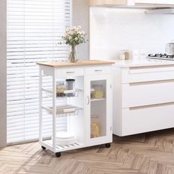  28" Rolling Kitchen Island with Storage, Kitchen Cart with Solid Bamboo Top, Wire Basket,Door Cabinet and Drawers, White