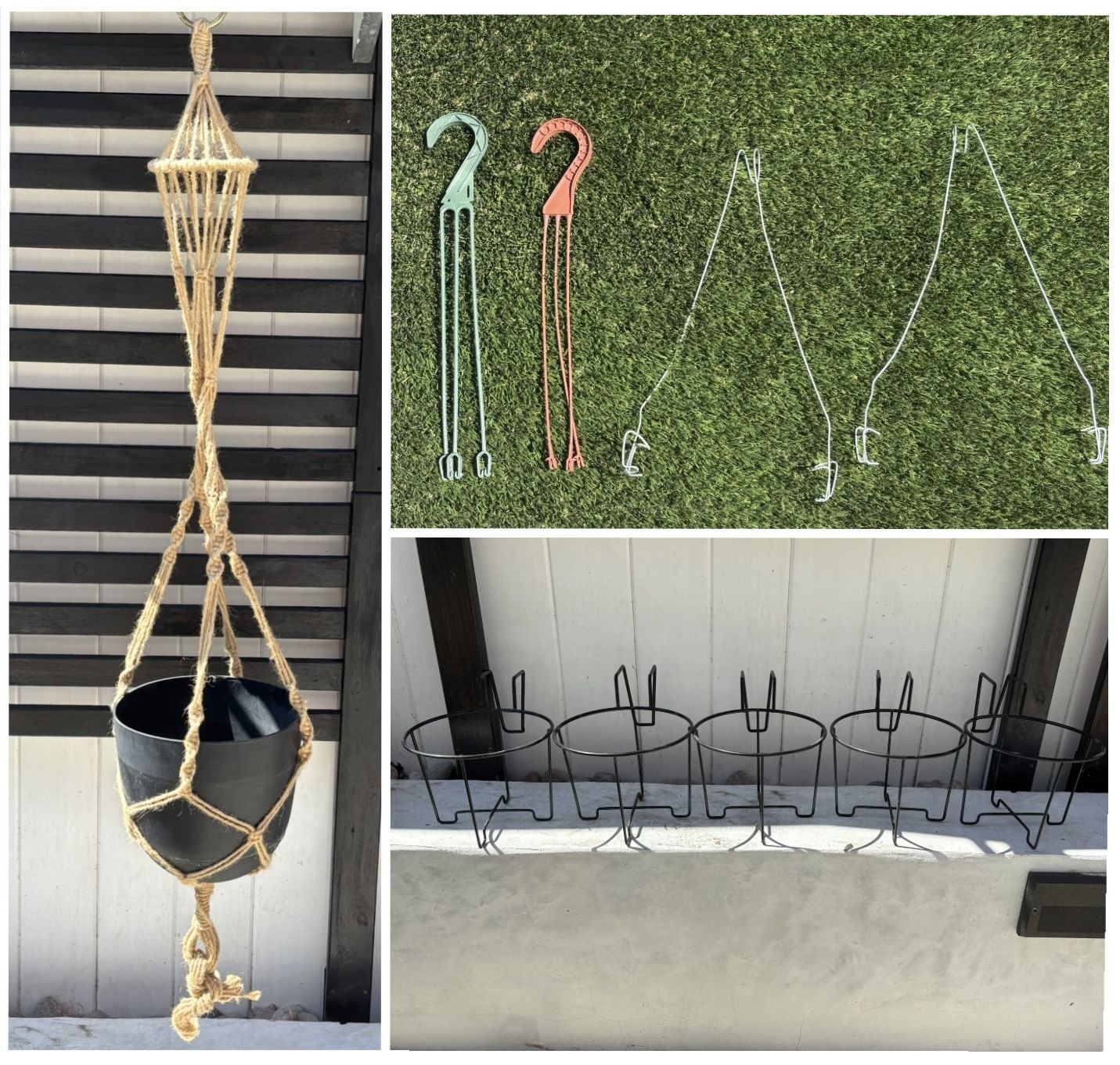 lot of 10 hanging planter pot holders / hooks - macrame metal plastic