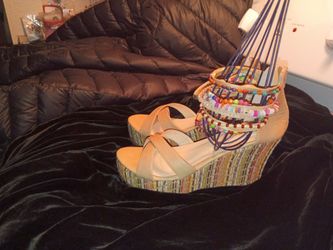 Nude Wedge Sandals with Woven Platform