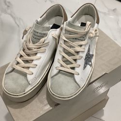 Golden Goose Hi Star with Silver Glitter Star & Nubuck Heel Tab in White - EU 37