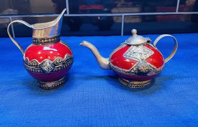 Vintage Moroccan Teapot And Creamer With Enamel And Brass 