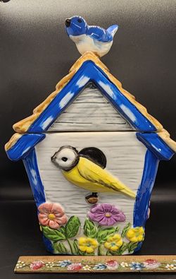 Ceramic Birdhouse Cookie Jar Birds Welcome