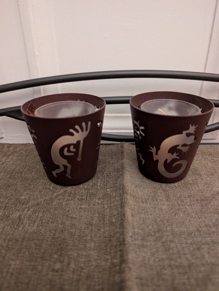 Two Brown Metal With Glass Insert Votive Candle Holders Home 