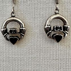 Sterling Silver Claddagh Earrings with Black Onyx Hearts