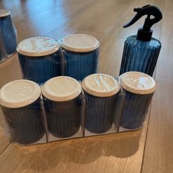 Blue Ribbed Jars With Wooden Lid And Sprat Bottle