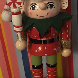 NEW - Destination Holiday Christmas Elf Nutcracker, w/ Candy Cane Staff and Polka Dots 
