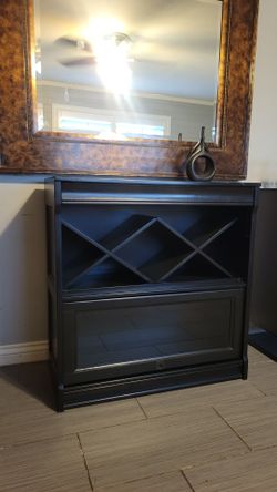 POTTERY BARN BLACK CONSOLE TABLE BAR WITH WINE RACK AND CABINET