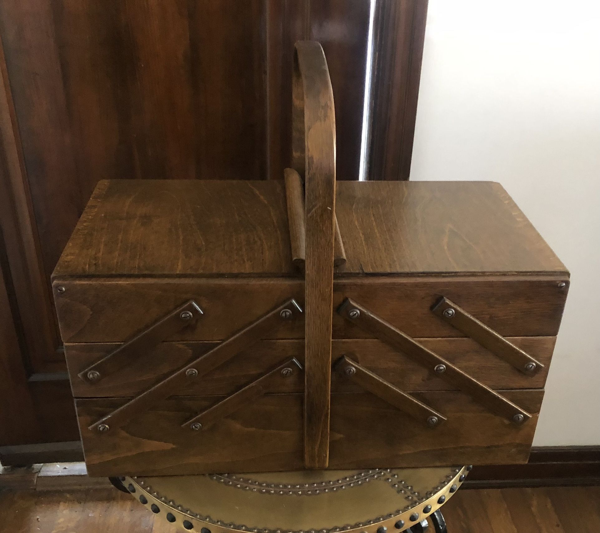 Mid Century Norwegian ( Strommen Bruk Hamar) Accordion Style Wood Sewing Box