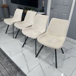 Elegant Set of 4 Light Beige Upholstered Dining Chairs with Metal Legs