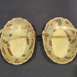 Vtg Brass & Cloisonné Trinket Dish Pair With Handles 4.75"X3.25"(each)
