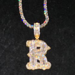 18 k Gold Plated R Pendant & 3 mm Tennis Chain 