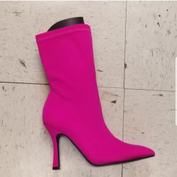 Chic Womens Pointy Toe Stretchy Mid Calf Suede Pink High Heel Boots Fashion NEW