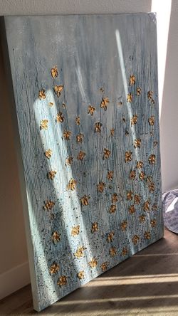 Hand Painted Golden Flowers Oil Painting on Blue Canvas