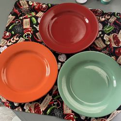 3 Fish’s Eddy Dinner Plates; 11”; 1 Red 1 Green 1 Orange