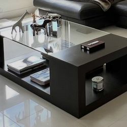 Mesa de Centro Moderna - Madera Maciza y Vidrio Templado, Modern Coffee Table - Solid Wood & Tempered Glass