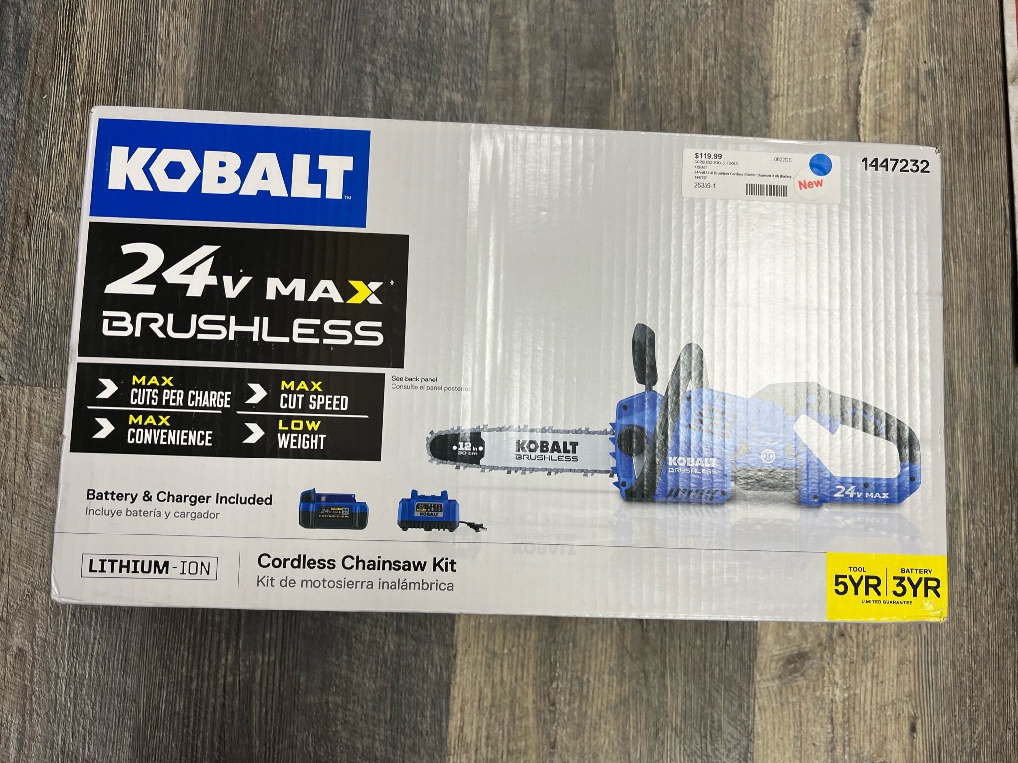 KOBALT 1447232 24V 12” Brushless Cordless Electric Chainsaw with 4 Ah Battery and Charger