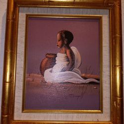 ELAINE DUNGILL AFRICAN GIRL AND VASE GICLEE ON CANVAS PAINTING   12" X 14"