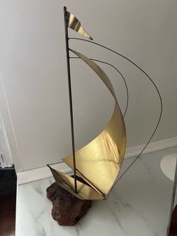 Vintage Brass Sailboat Sculpture on Burl Wood Base