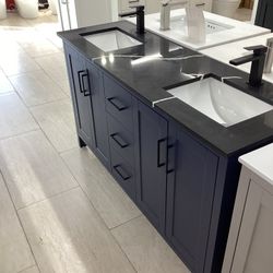 60” Bathroom Vanity Cabinet New Blue Navy Color With Double Sinks White Or Black Top Option Fully Assembled Softclose drawers Doors Ready For Pick Up 