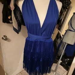 Women's Tassel Tie Back Deep V Neck Bodycon Romper, Sleeveless Criss Crossed Romper