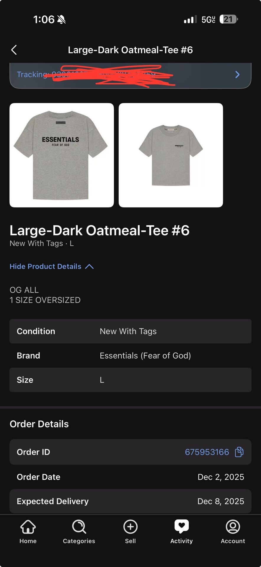 Brand New With Tag essential Fog Dark Oatmeal Tee Large