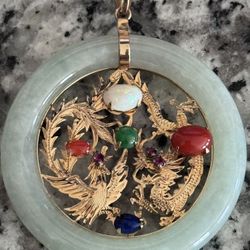 14k Gold Chinese Jade & Gemstone Dragon Pendant 