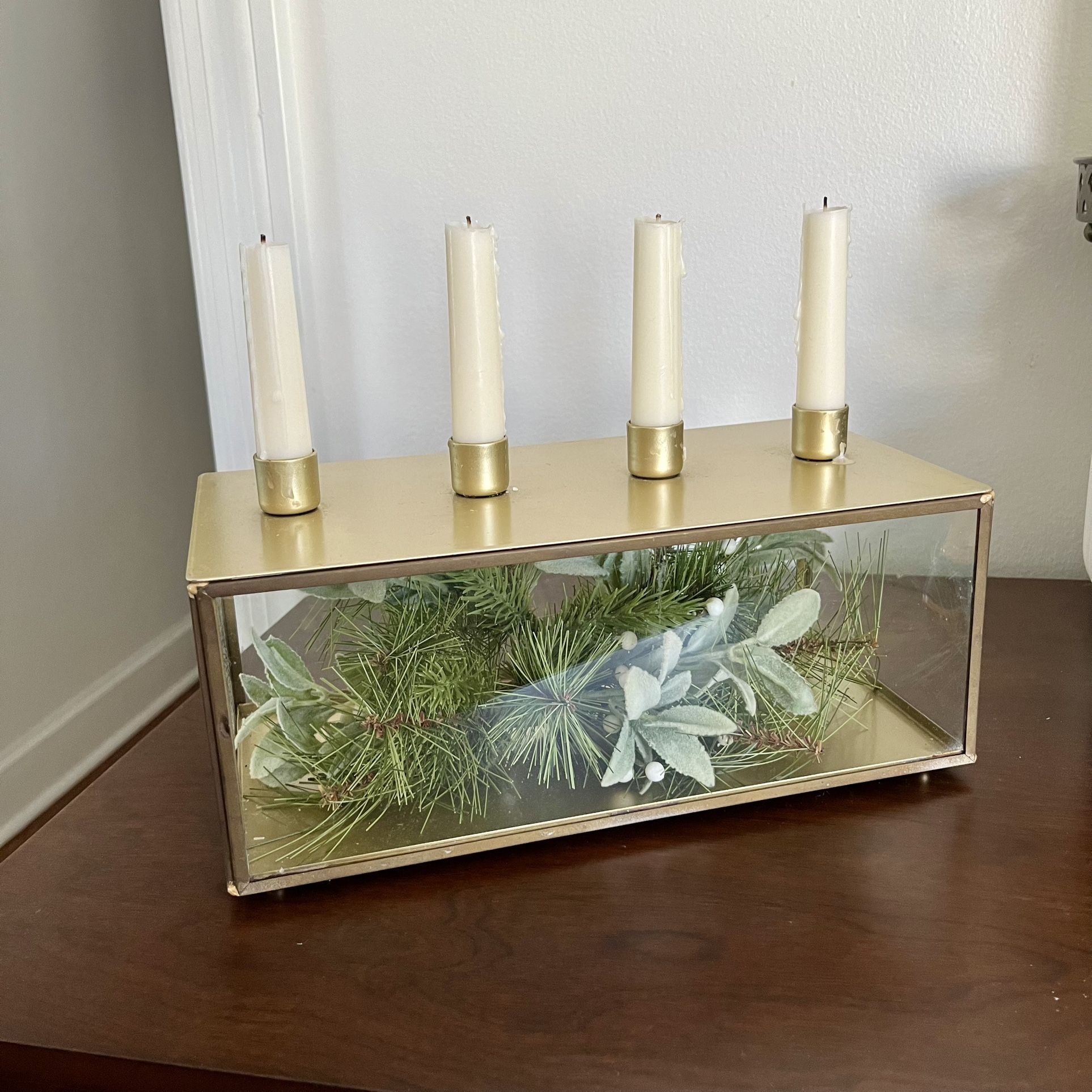 Hearth and Hand Magnolia Brass and Glass Candle Holder with Fake Greens